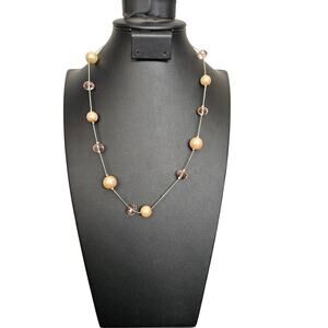 Blush Crystal & Champagne Pearl Station Necklace – Elegant Rosary Style Chain